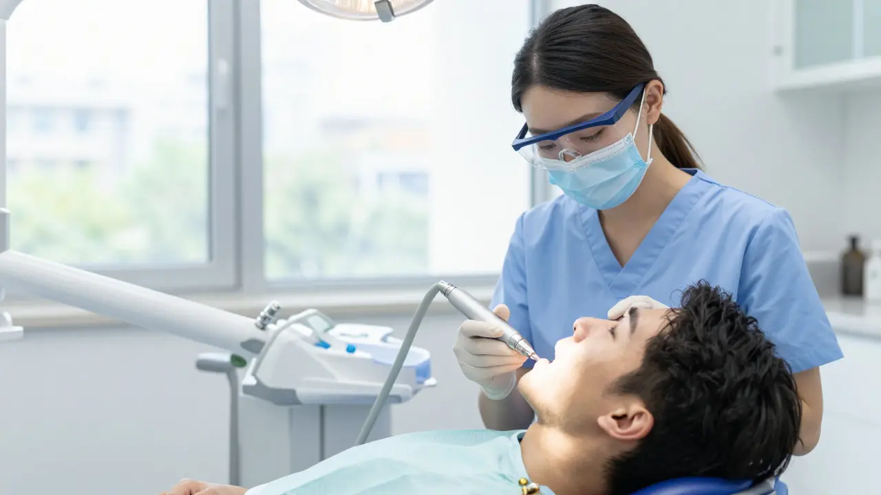 Hygienista provádí ultrazvukové čištění u klidného pacienta