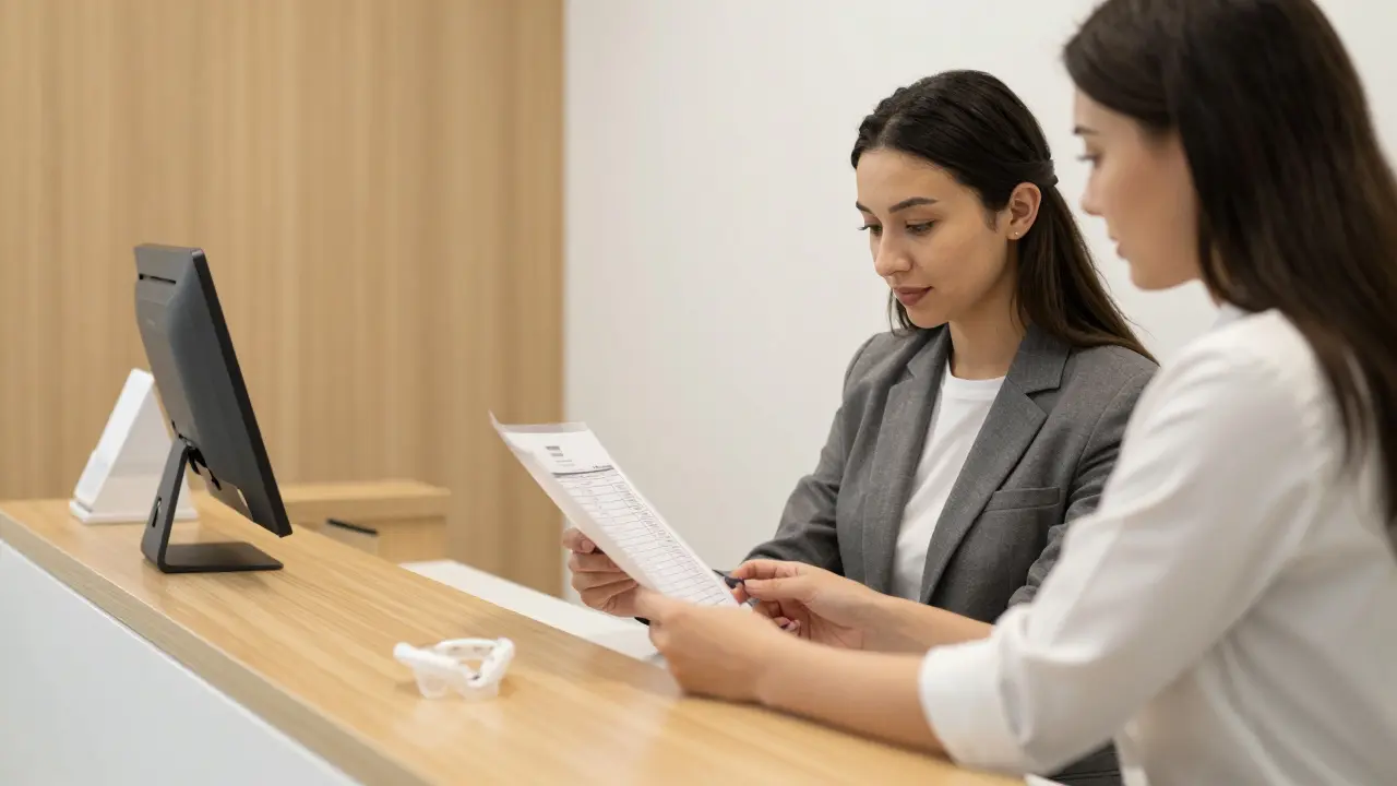 Pacient konzultuje ceny a platby u recepcionistky
