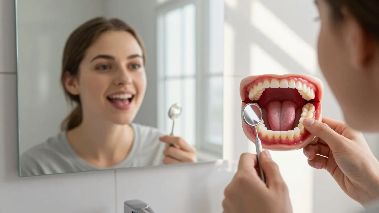 Srovnání pohledu do běžného a dentálního zrcátka