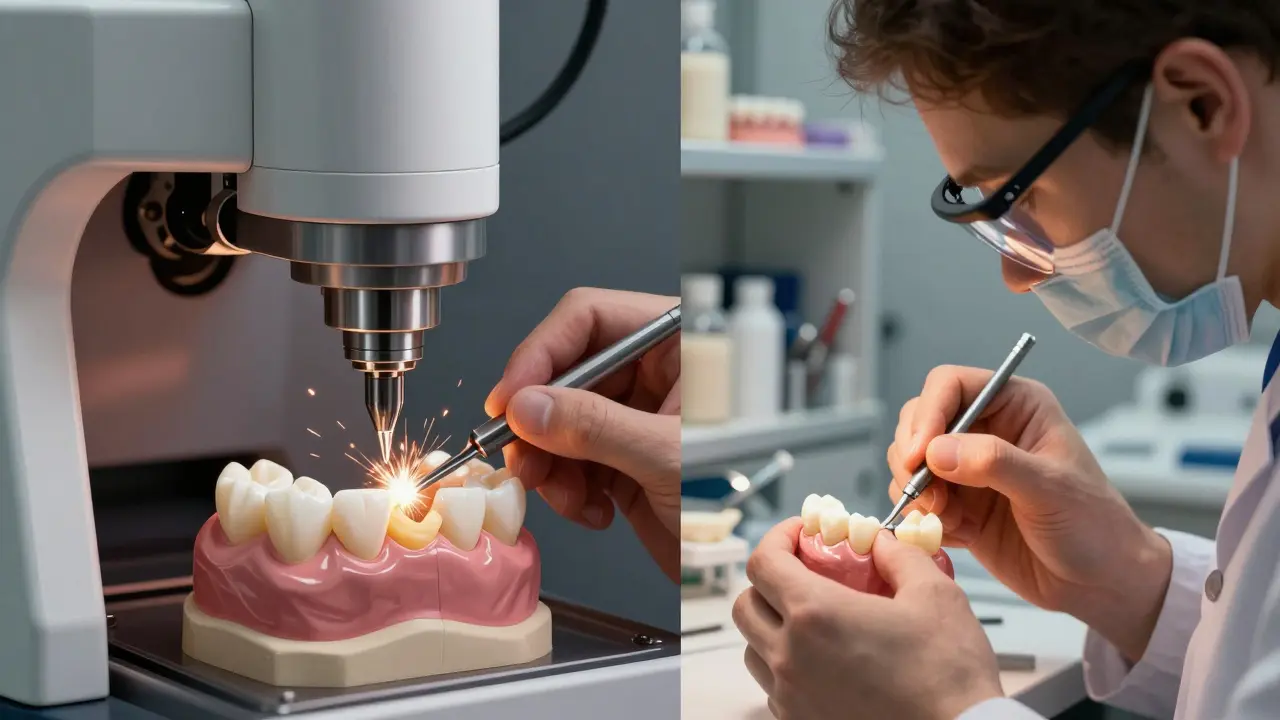 Stomatologická laboratoř: broušení keramické korunky a práce technika