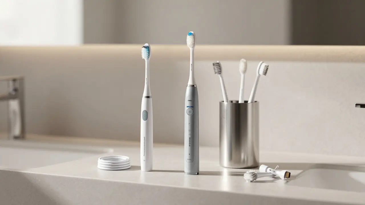 Tři řady Philips Sonicare vedle sebe s nabíječkami a držákem