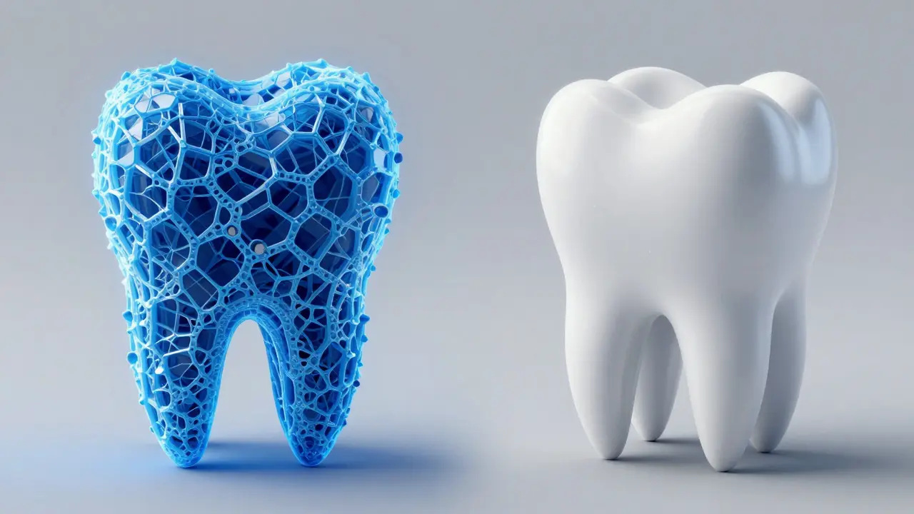 3D srovnání ochrany zubů pomocí fluoridu a hydroxiapatitu