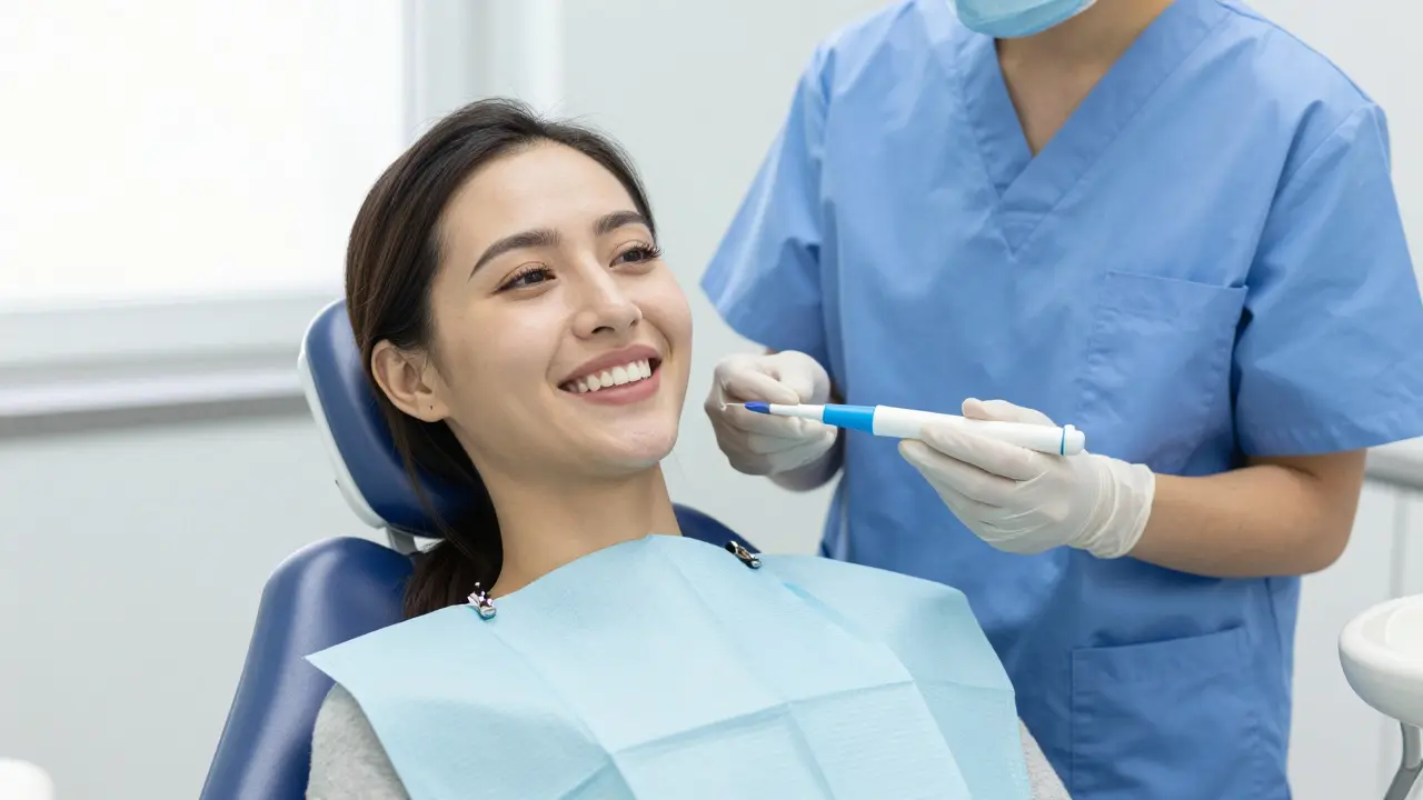 Spokojený pacient s čistými zuby po profesionální dentální hygieně