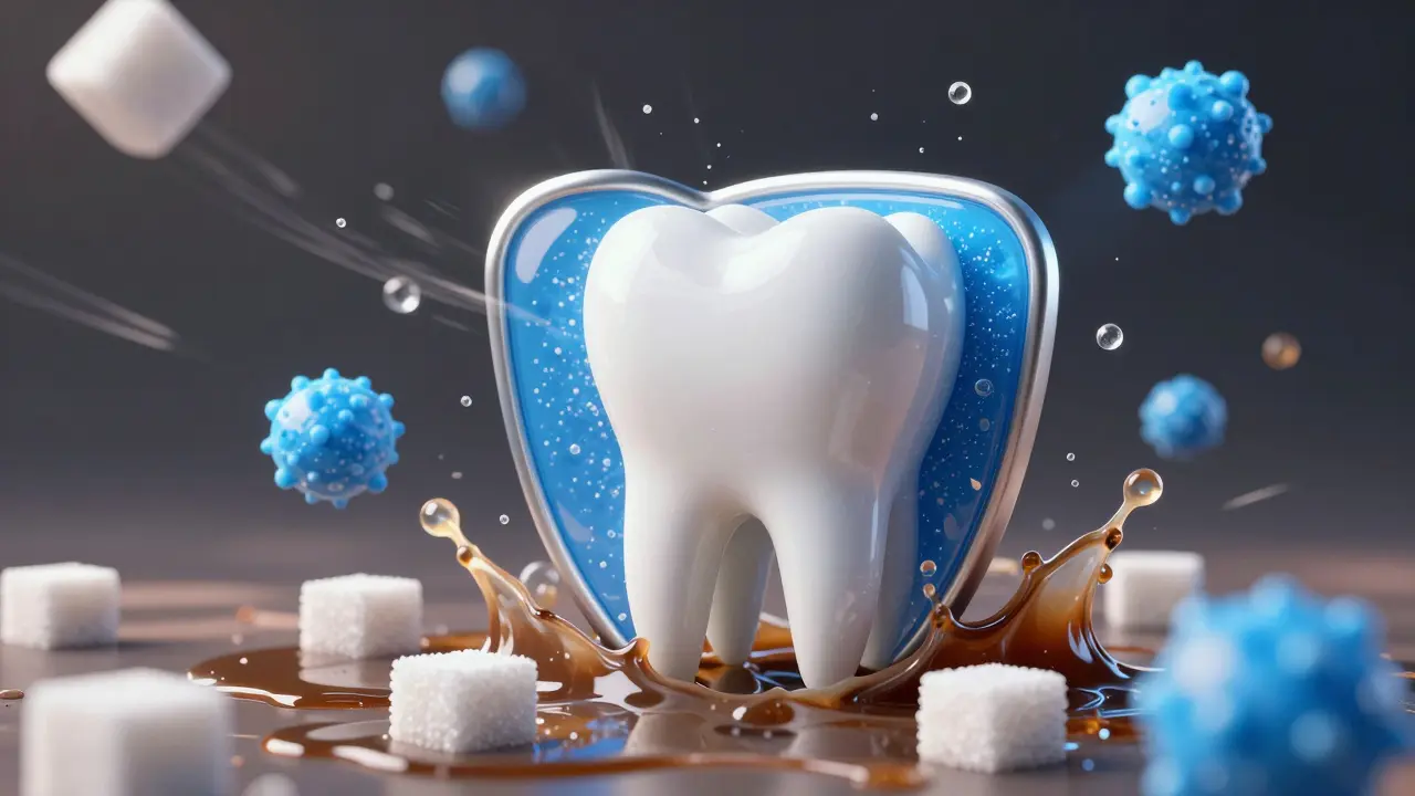 Symbolická ochrana zuba fluoridem před kyselinami a cukrem