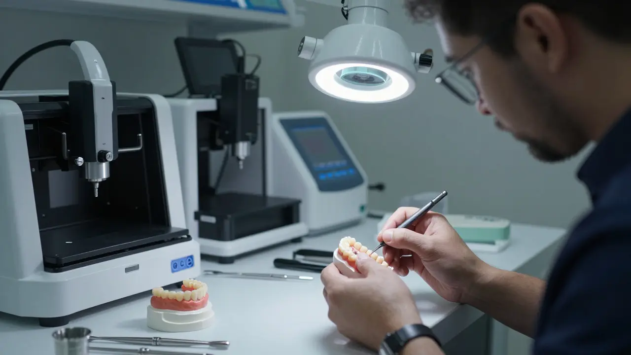 Zubní technik opracovává keramickou zubní náhradu v laboratoři
