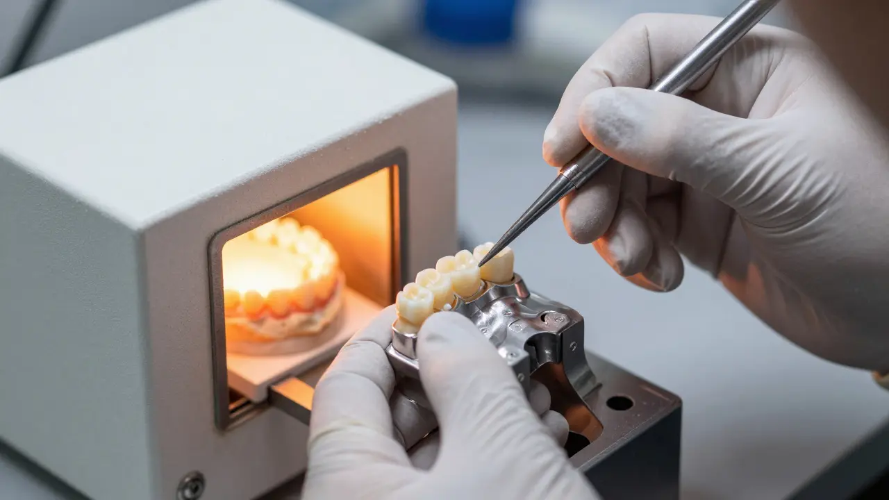 Zubní technik ručně vytváří keramickou vrstvu na korunce v laboratoři