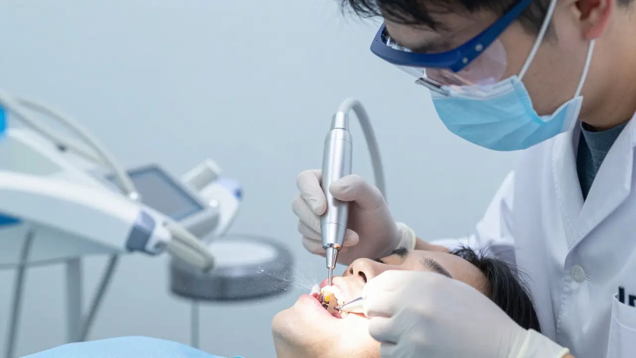 Dentista čistí zuby ultrazvukovým skalérem