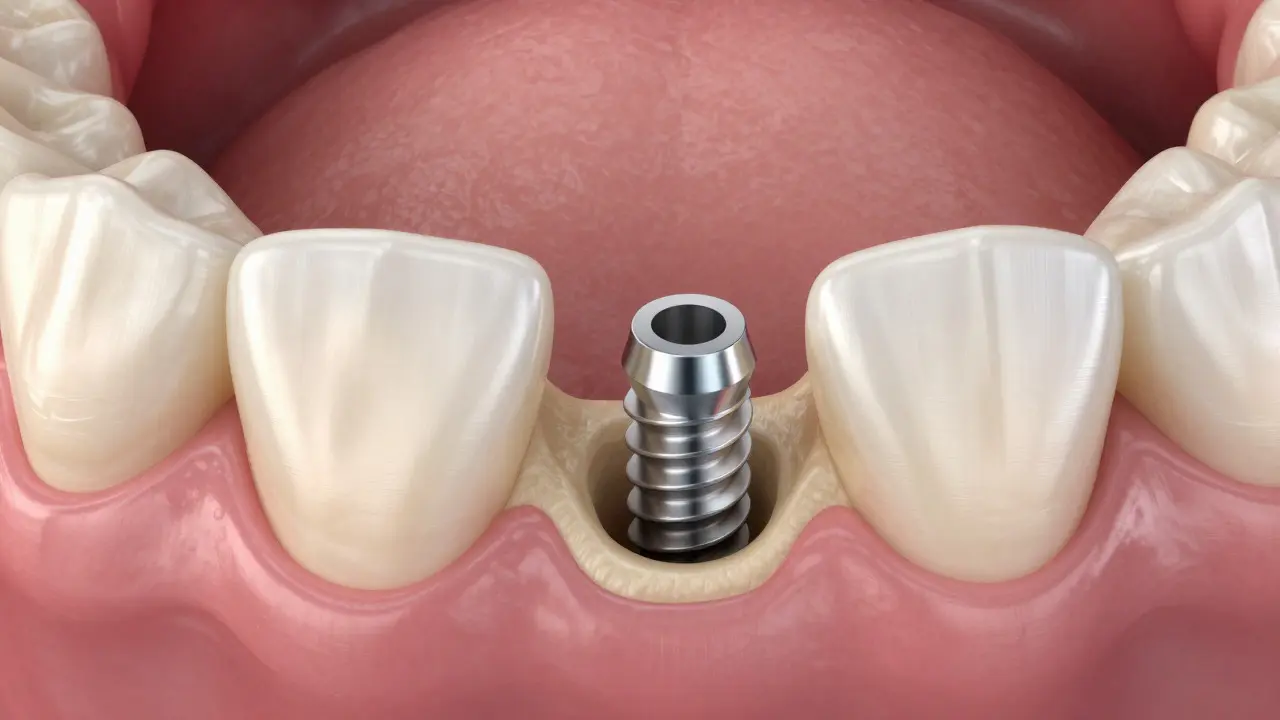 Detailní zobrazení zubního implantátu v čelistní kosti