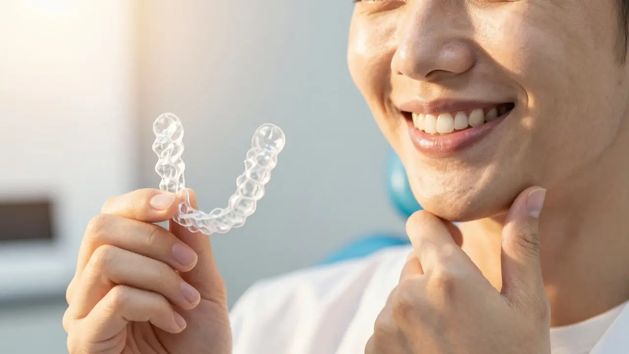 Dospělý pacient šťastně drží transparentní rovnátka Invisalign u úst.