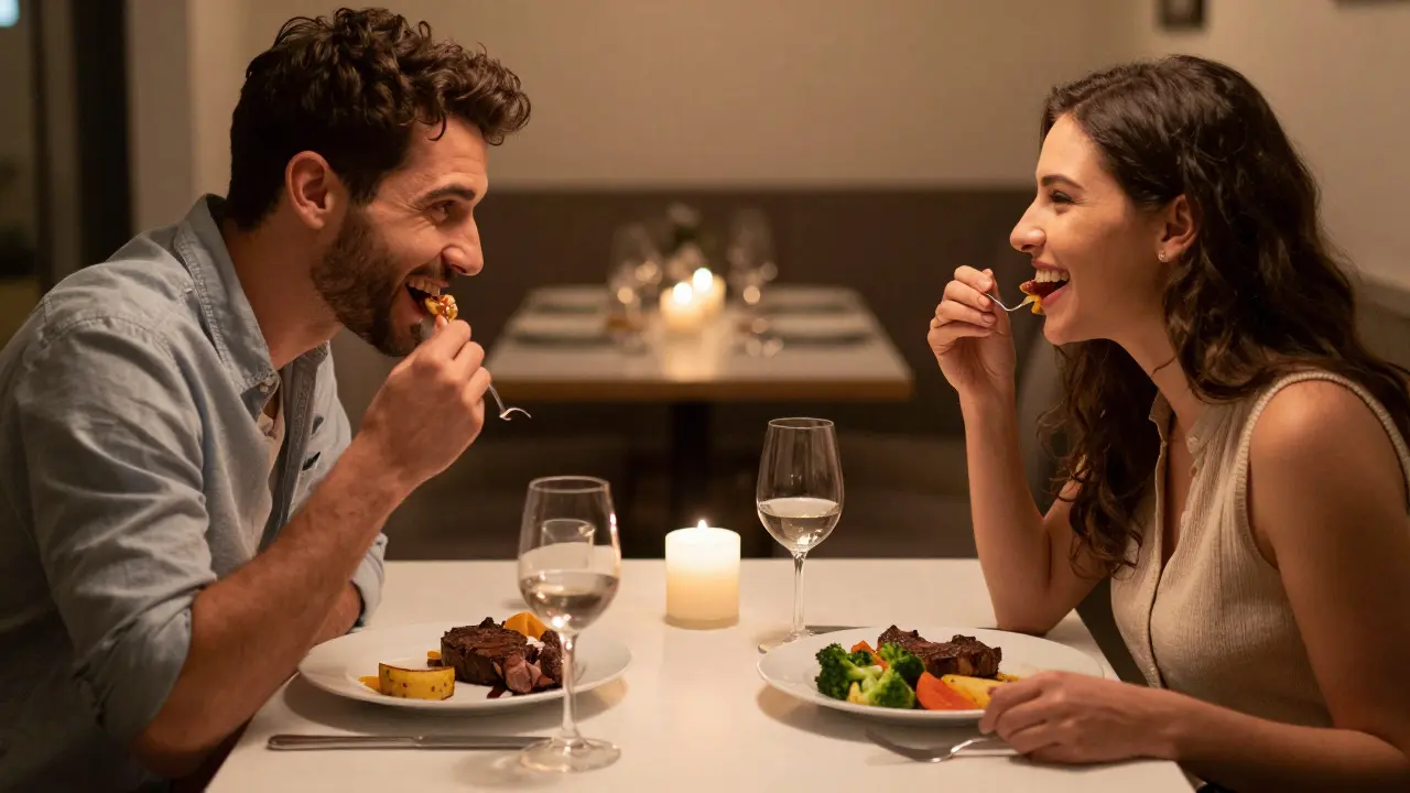 Manželé radostně jedí společnou večeři v restauraci