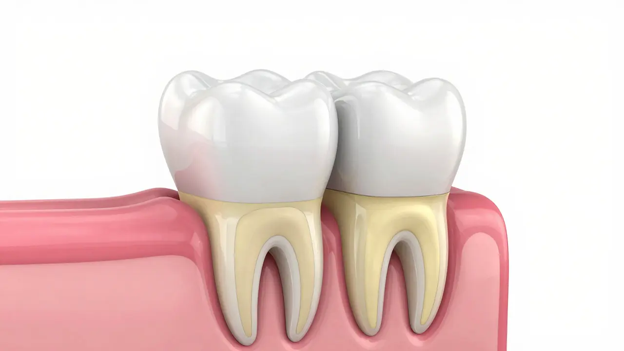 Schéma zubu ukazující průhlednou sklovinu a žlutý dentin uvnitř