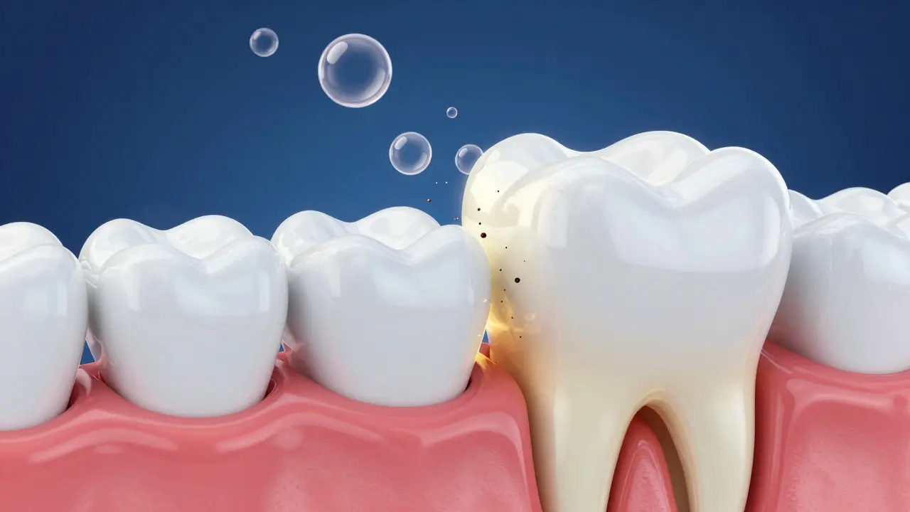 Schéma zubu ukazující sklovinu, dentin a odstraňování povrchových skvrn