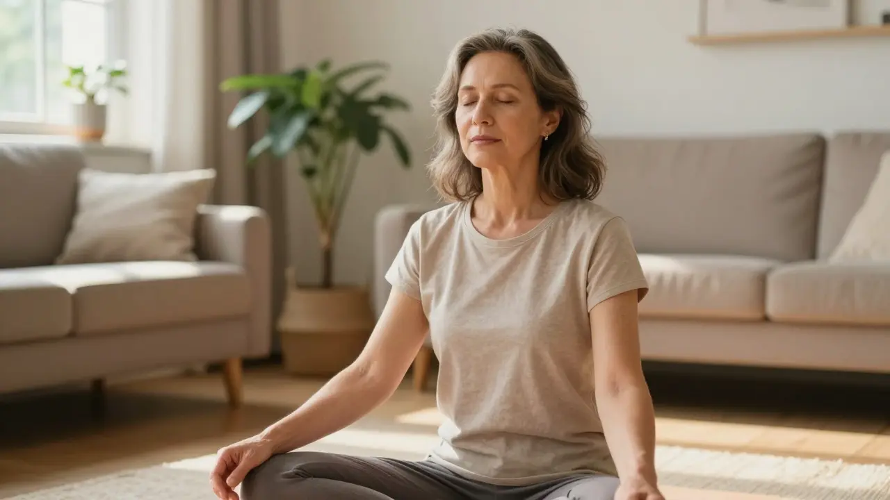 Žena v menopauze praktikuje meditaci pro snížení stresu a ochrany zubů.