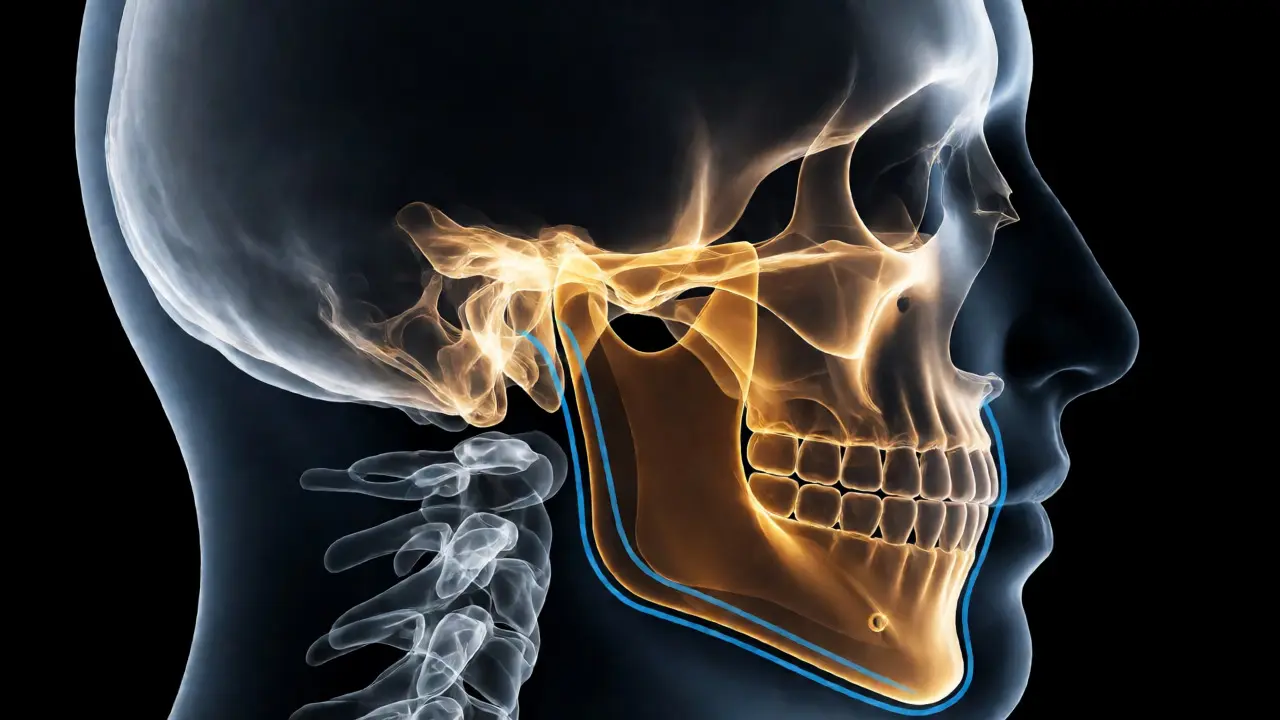 Anatomická ilustrace lebky znázorňující nerovnováhu čelistí a tlak na klouby TMJ.