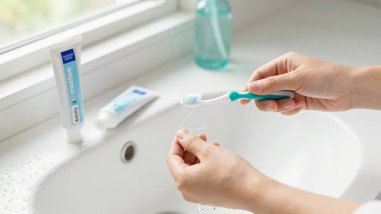 Hands using interdental brush and floss for daily oral hygiene
