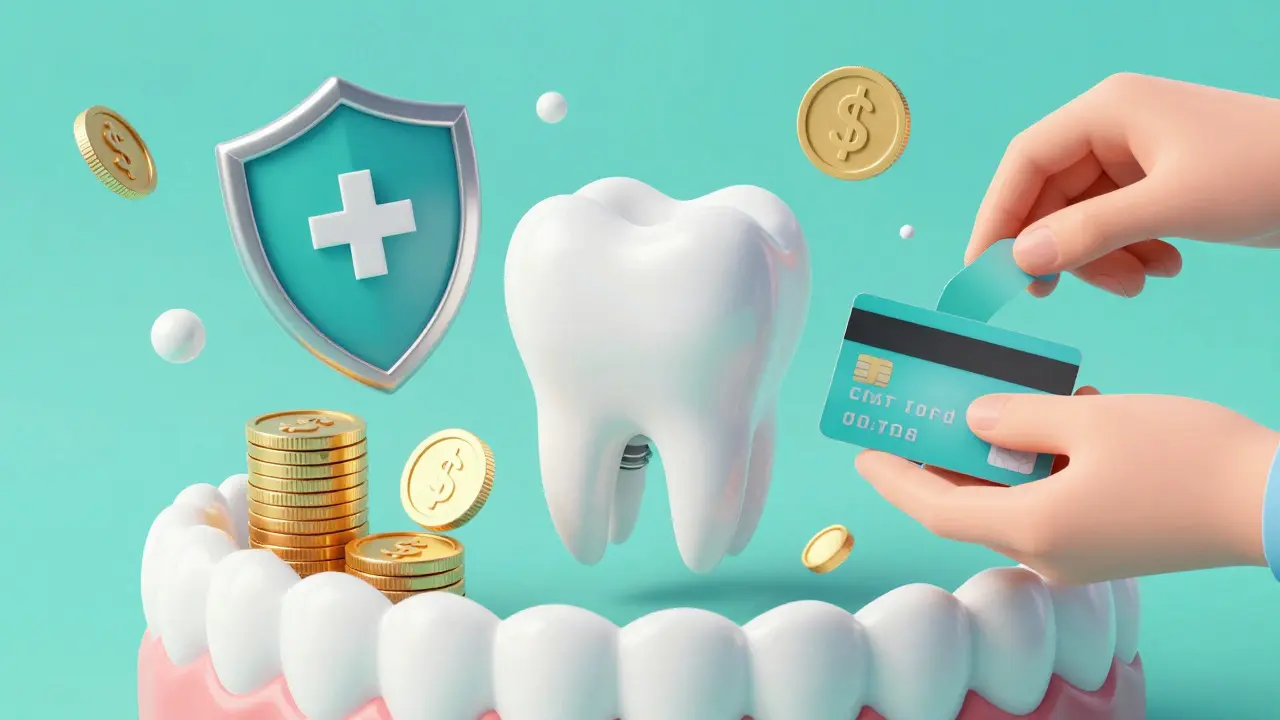 Konceptuální ilustrace financování zubních implantátů pomocí pojištění a splátek