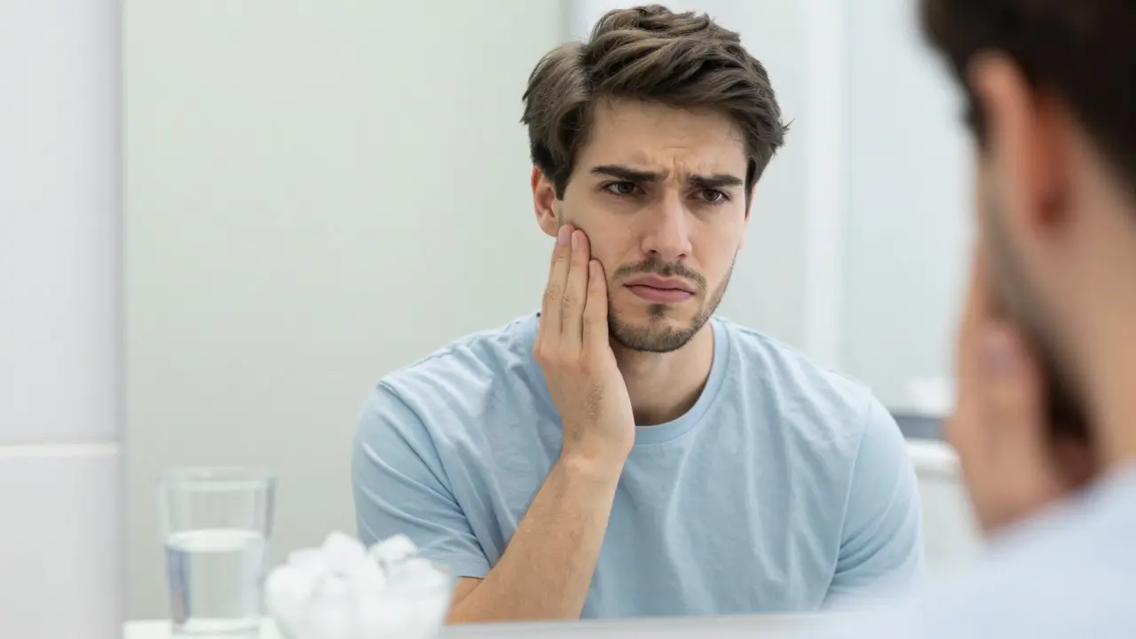 Mladý dospělý drží si tvář v bolesti v moderním dentálním prostředí
