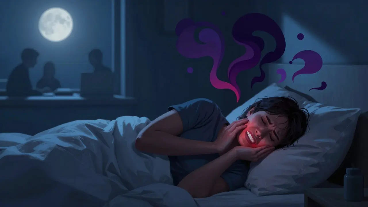 Person suffering from dental pain at night with abstract pain visuals