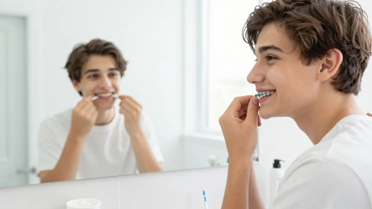 Teenager aplikuje ortodontický vosk na rovnátka pro úlevu od nepohodlí.