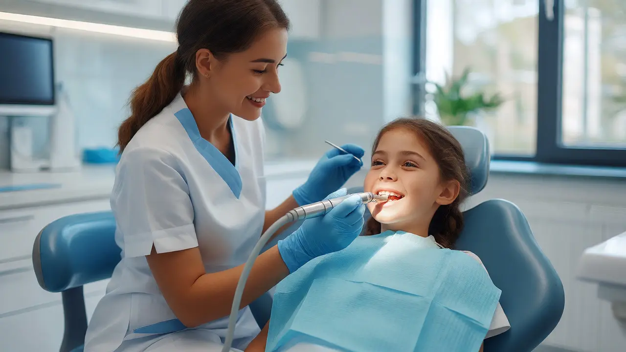 Dentální hygienistka odstraňuje zubní kámen dítěti v ordinaci.