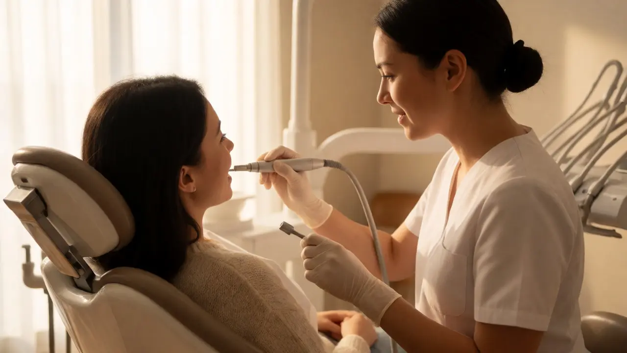 Dentální hygienistka odstraňuje zubní kámen pacientovi v ordinaci.