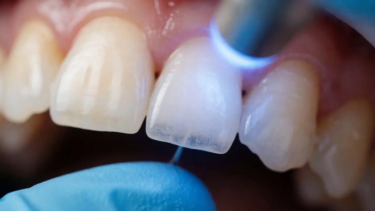 Detailní aplikace keramické facety pod UV lampou