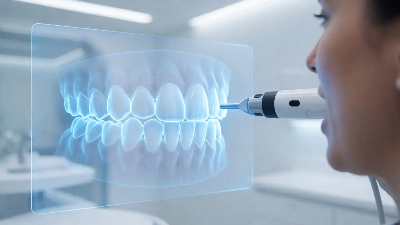 Digitální skenování zubů pro plánování fazet s 3D modelem na obrazovce.
