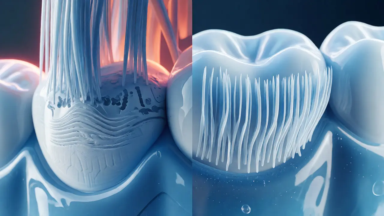 Ilustrace jemného čištění zubů měkkými štětinami Curen oproti tvrdému nylonu