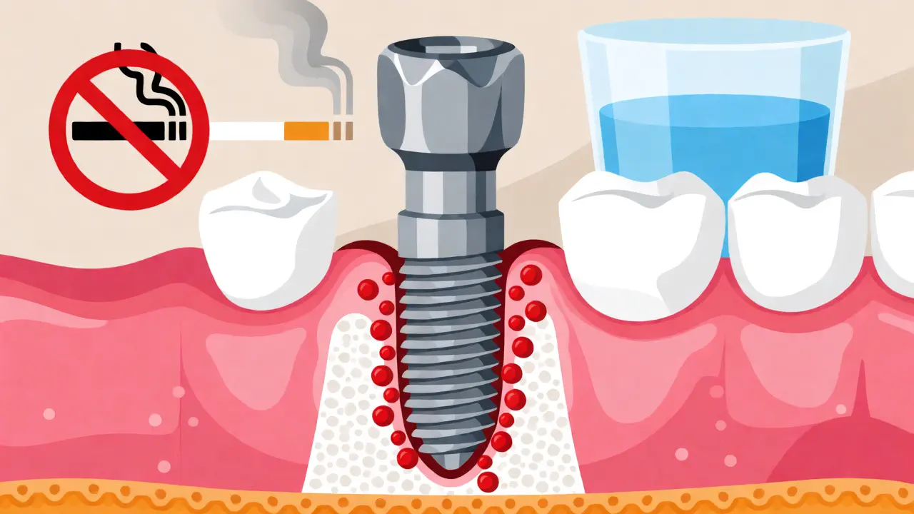Ilustrace zubního implantátu v kosti s důrazem na hygienu a omezení kouření.
