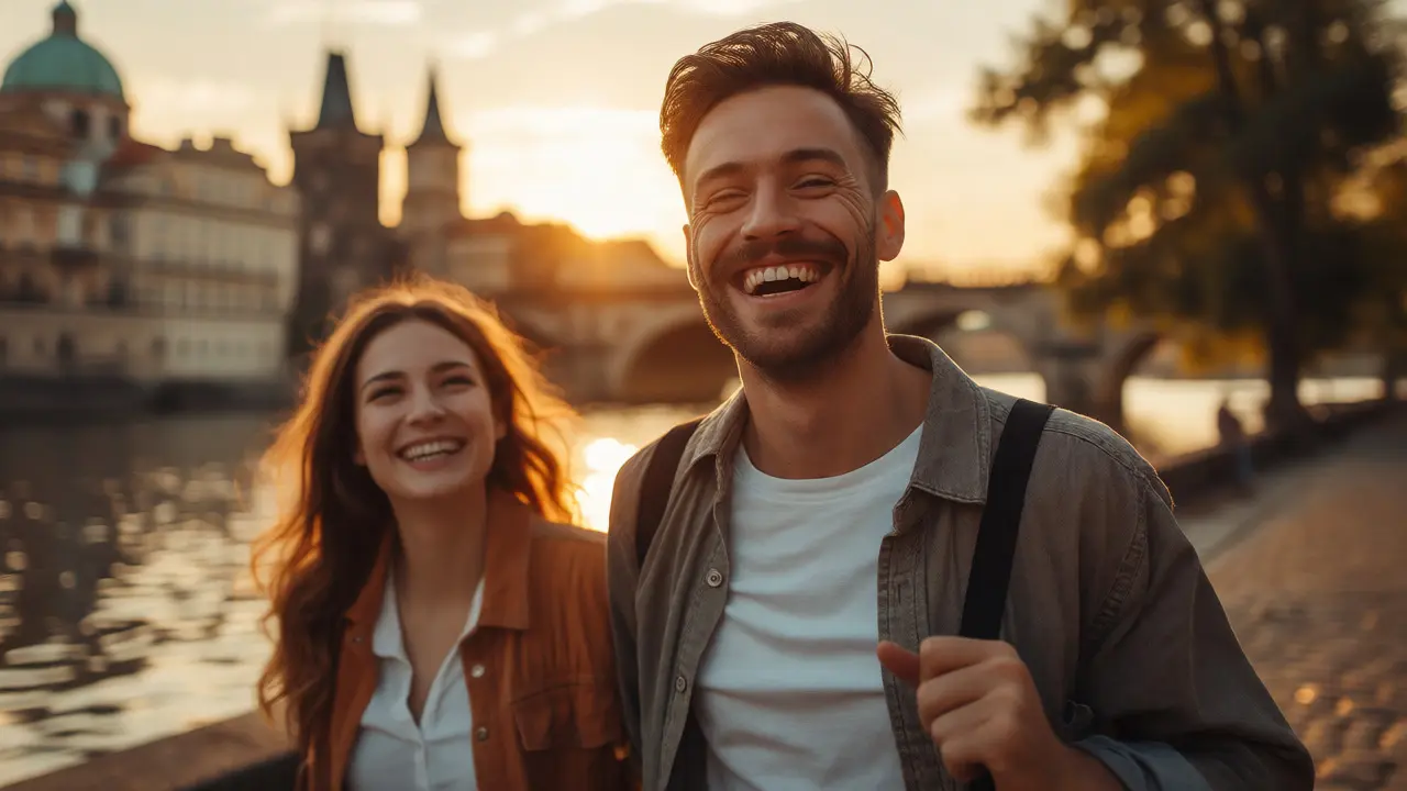Šťastný muž se širokým úsměvem prochází po břehu Vltavy