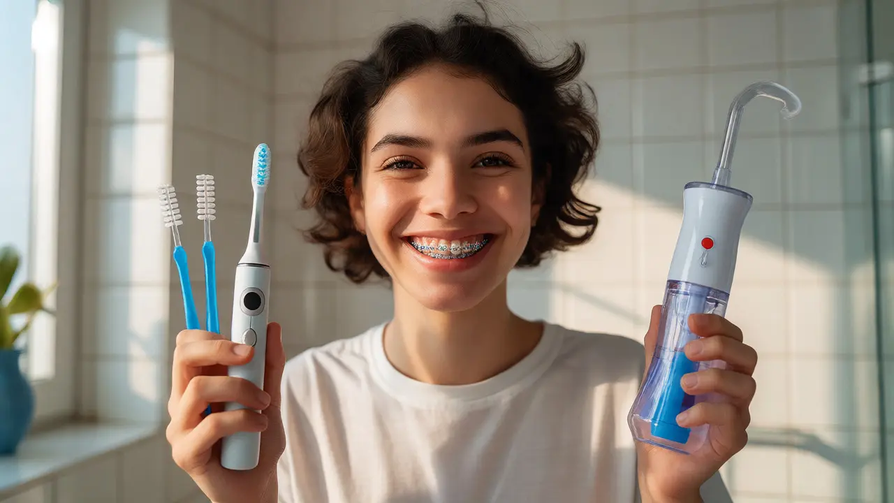 Úsměvný člověk s rovnátky drží pomůcky pro ústní hygienu