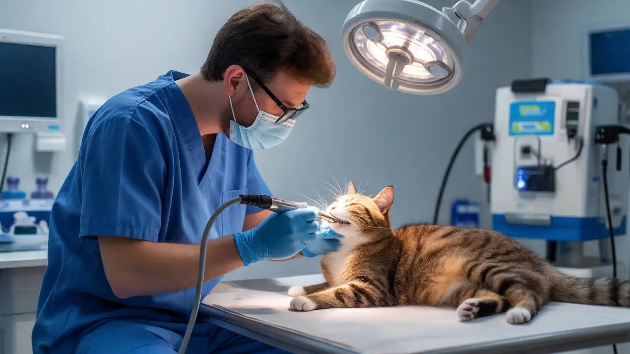 Veterinář provádí ultrazvukové odstranění zubního kamene u kočky