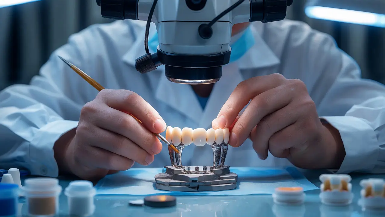Zubní technik ručně vrství keramiku na zirkonový můstek v laboratoři