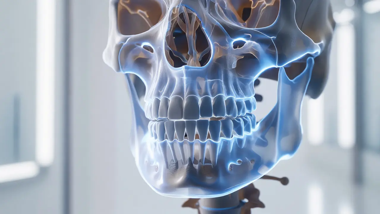 Anatomický model lebky zvýrazňující horní a dolní čelist pro ortognatickou chirurgii