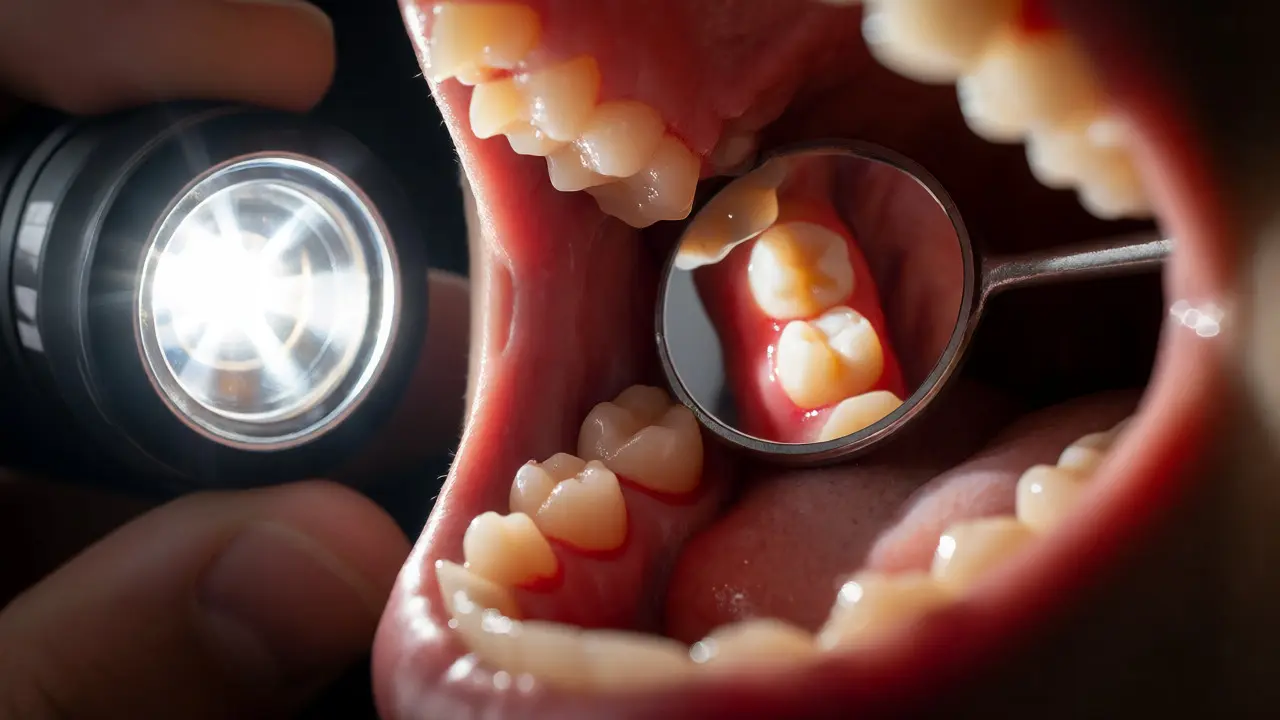 Detailní pohled na zuby a dásně odražený v dentálním zrcátku