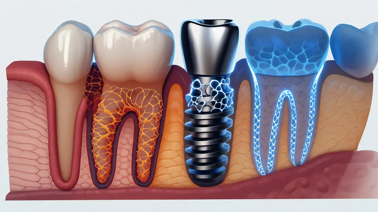 Ilustrace hojení kosti a měkkých tkání kolem zubního implantátu