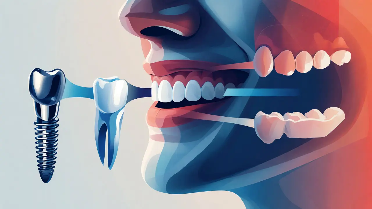Konceptuální ilustrace výběru mezi implantátem, mostem a protézou