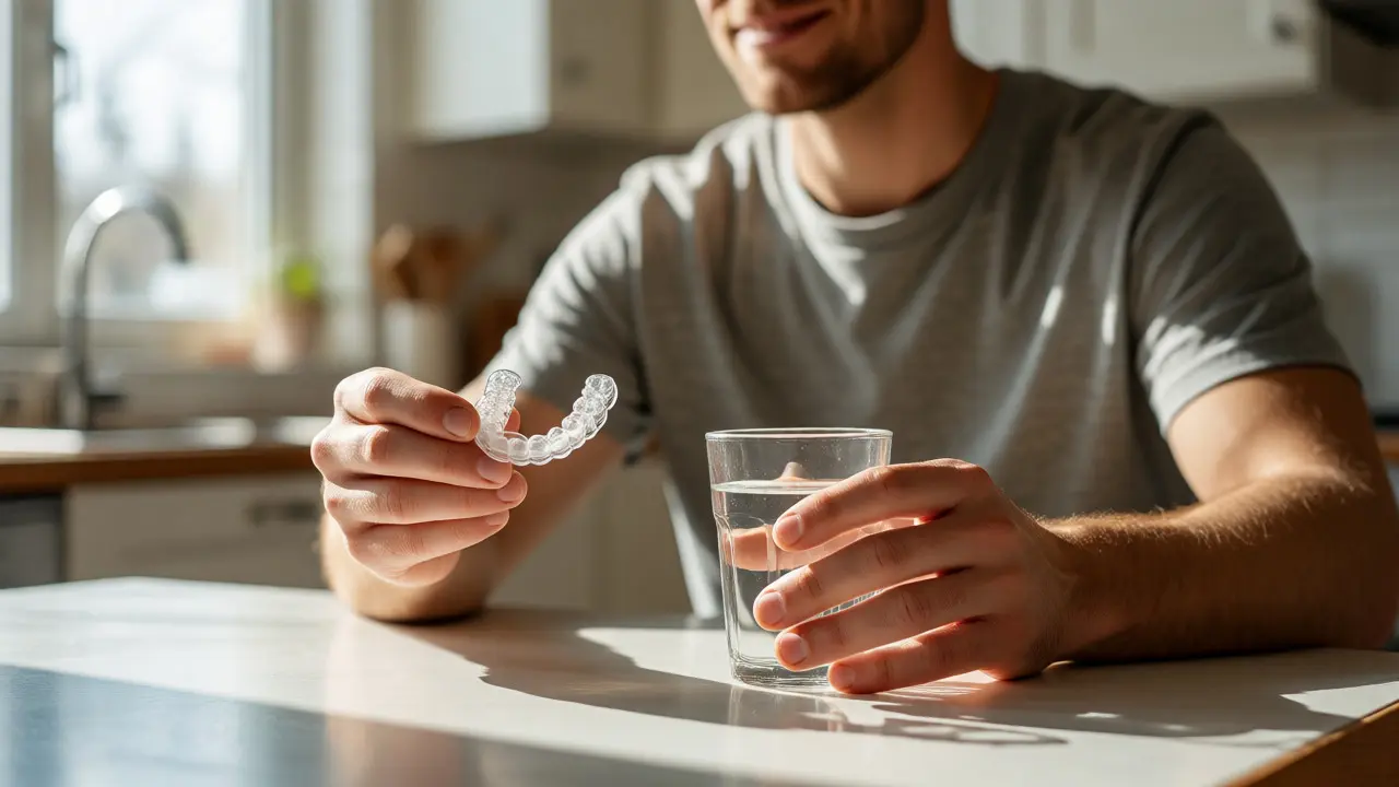Muž drží průhledná rovnátka a sklenici vody u snídani