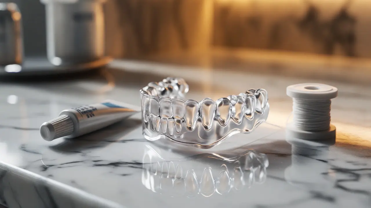 Noční dlahu, dočasné lepidlo a dentální nit na čistém povrchu pro prevenci.