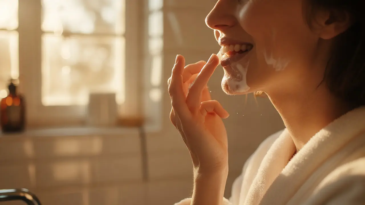 Osoba aplikuje fluoridový gel na zuby pro prevenci citlivosti