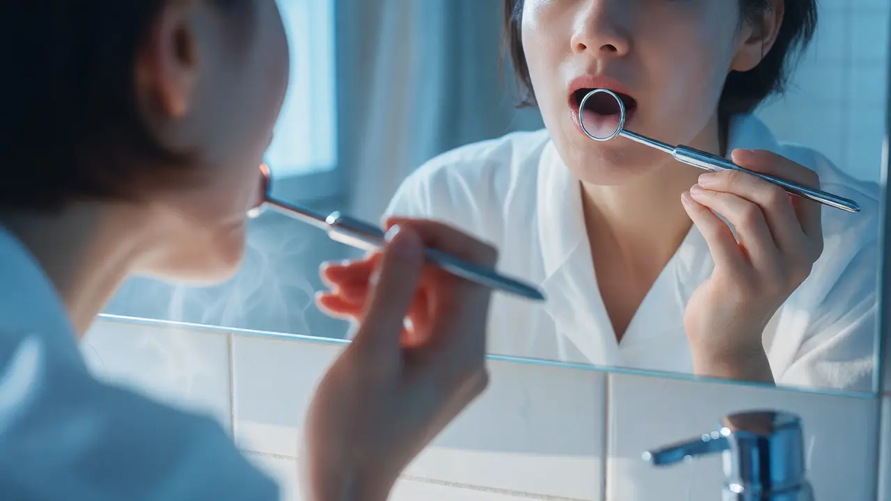 Osoba používající dentální zrcátko před koupelnovým zrcadlem
