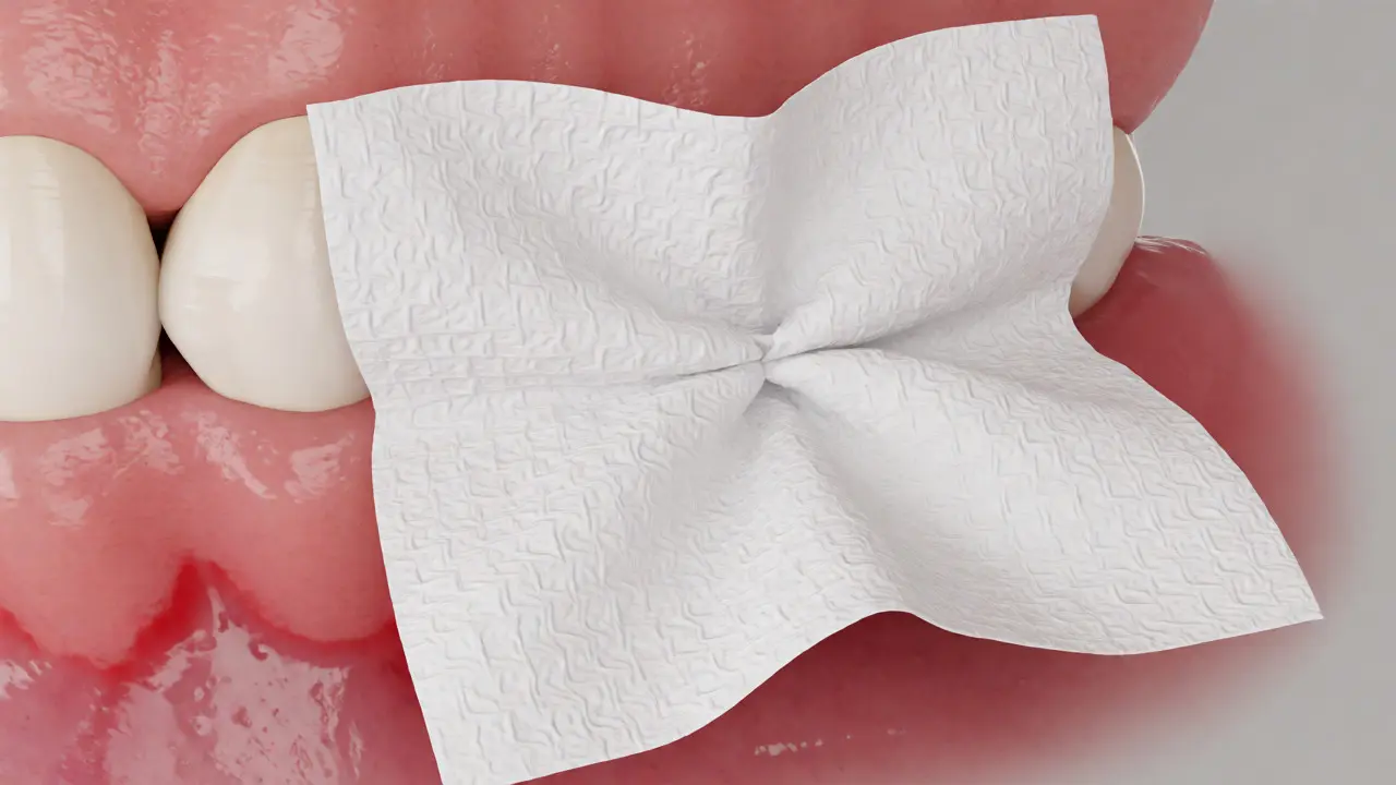 Přiložení sterilního gázového tamponu po vytržení zubu