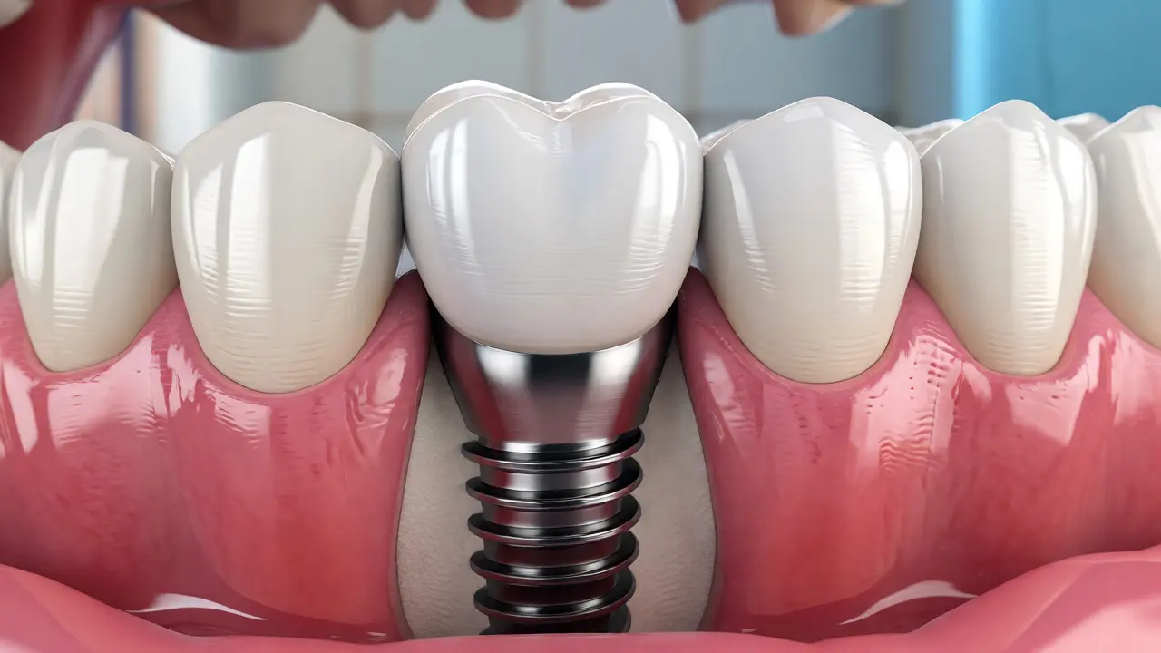 Titanový zubní implantát s keramickou korunkou v dásni