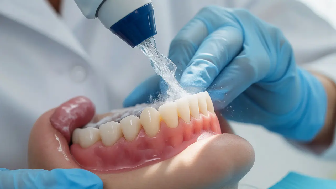 Zubní hygiena při pískování zubů jemným proudem vzduchu a prášku