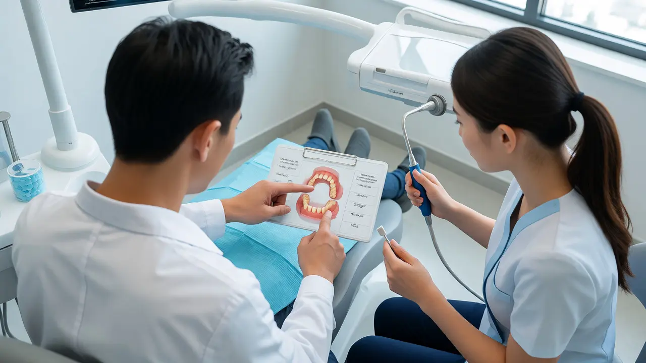 Zubní lékař a hygienistka konzultující stav ústní dutiny pacienta